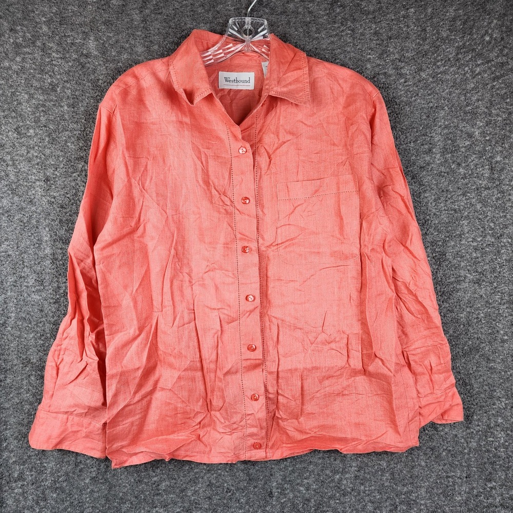 Westbound Linen Button Down Shirt Womens Small Coral Pink Long Sleeve Pocket‎